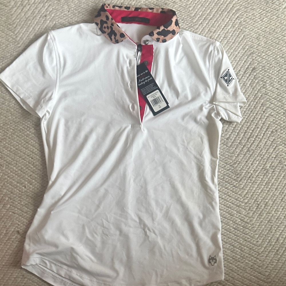 Greyson White Polo Shirt with Leopard Print Collar